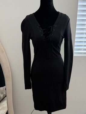 French Connection Black Lace-Up V-Neck Dress — Size XS